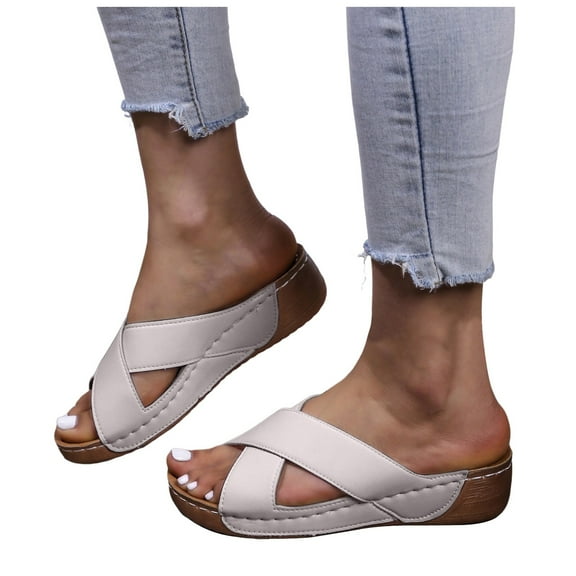 Platform Wedge Dressy Sandals for Women 2025 Leather Open Toe Cross Band Chunky Mid Heel Slip on Dress Shoes