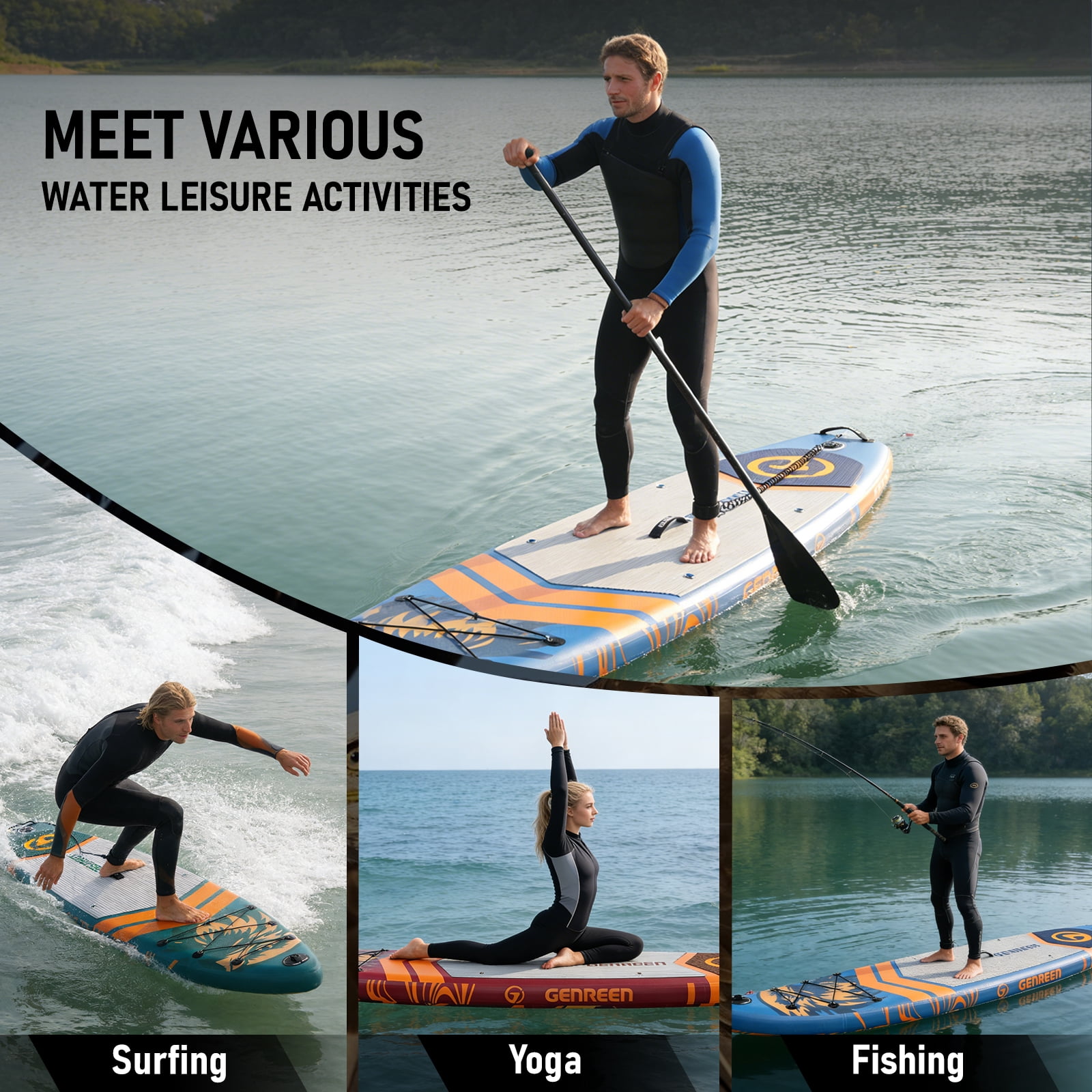 Genreen 11ft Stylish Inflatable Stand Up Paddle Board (SUP), Fishing Paddle Board with All Accessories for All Skill Levels