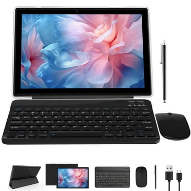2 in 1 Tablet 10 Inch Android 12 OS Tableta, Tablets with Keyboard, Mouse, Case, Stylus, 64GB ROM 4GB RAM, 8MP Dual Camera, Quad Core Processor, 6000mAh Battery, 10.1 IN FHD Tab black