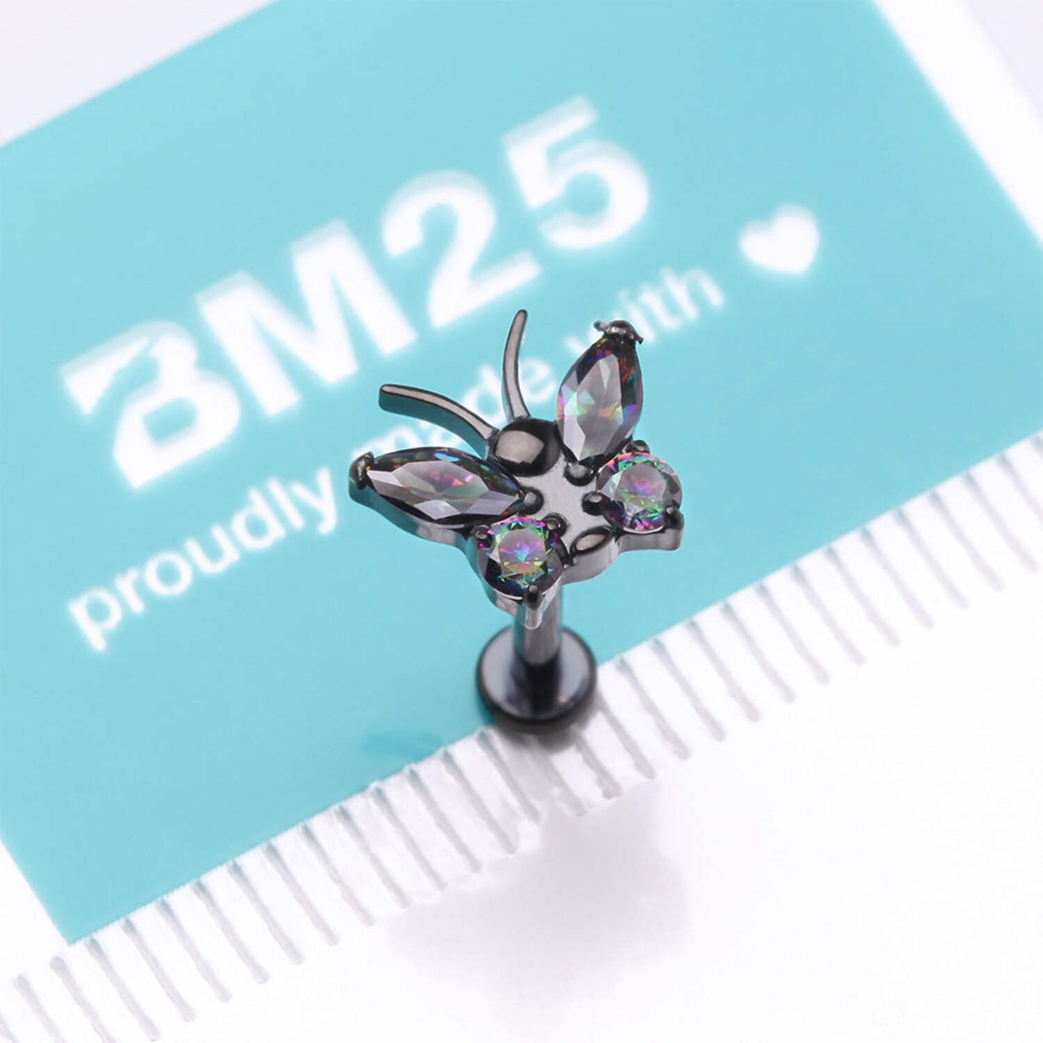 Implant Grade Titanium Blackline Butterfly Sparkle Internally Threaded Flat Back Stud Labret
