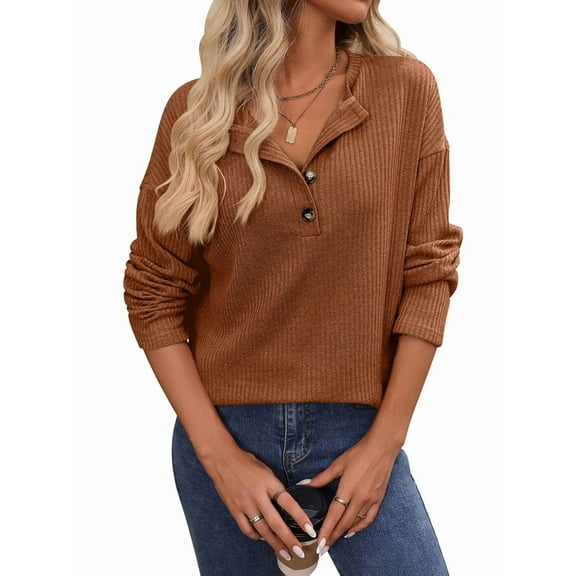 Womens Henley Long Sleeve Fall V Neck Fashion Dreesy Casual Tunic Sweaters Clothes Trendy Work Outfits Caramel Color L