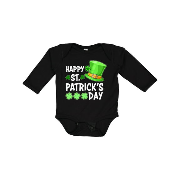 Inktastic Happy St. Patrick's Day Green Hat and Clovers Boys or Girls Long Sleeve Baby Bodysuit