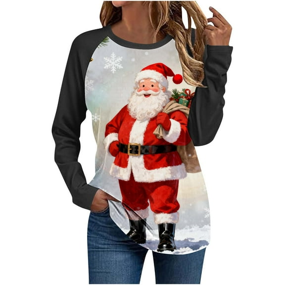 Womens Christmas T Shirts Funny Long Sleeve Crew Neck T-Shirt Santa Claus Print Top with Black Raglan Sleeves for Christmas My Items