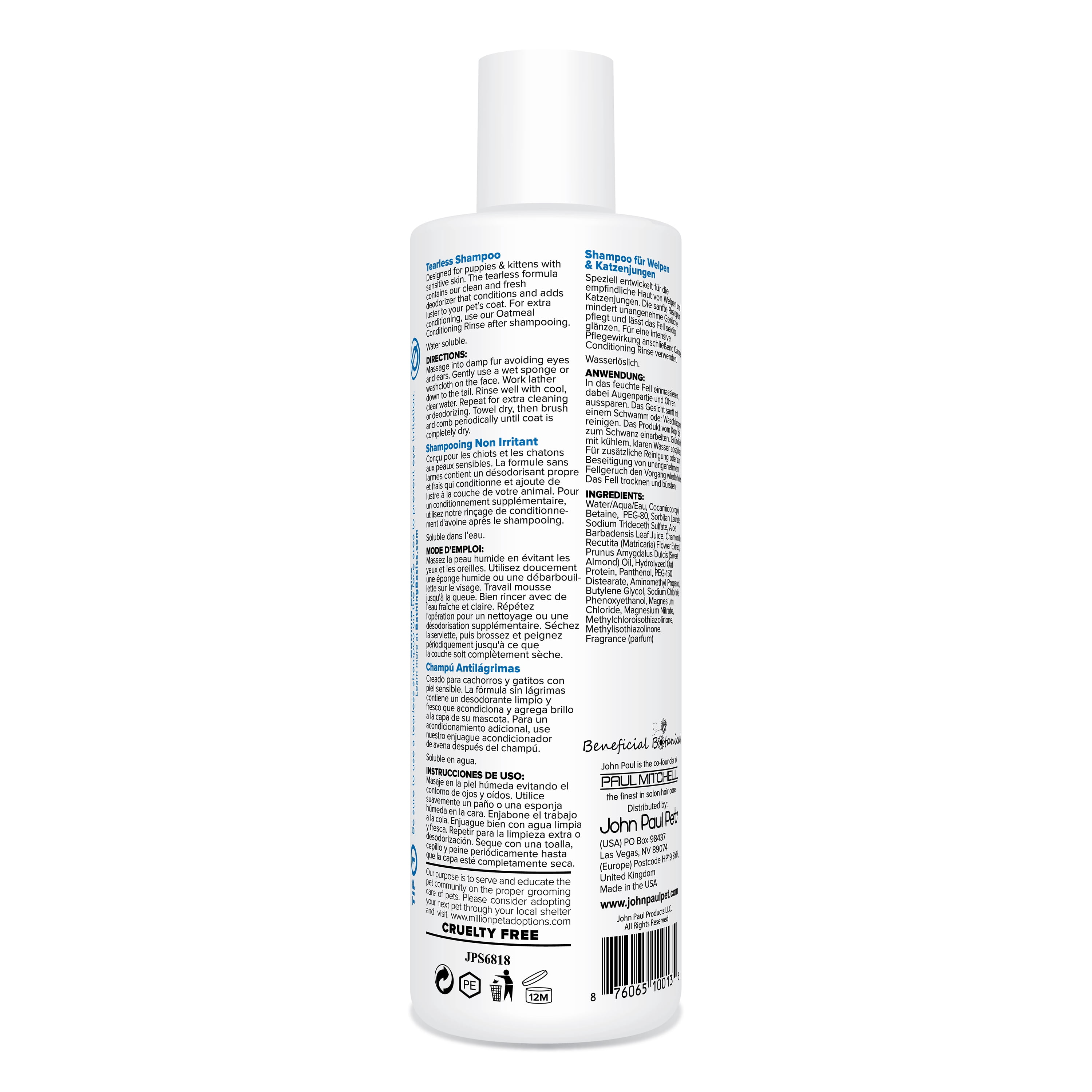 John Paul Pet Tearless Odor Absorbing Shampoo, Clean and Fresh Low PH Formula for Puppies, Dogs, Kittens and Cats, 16-Ounce