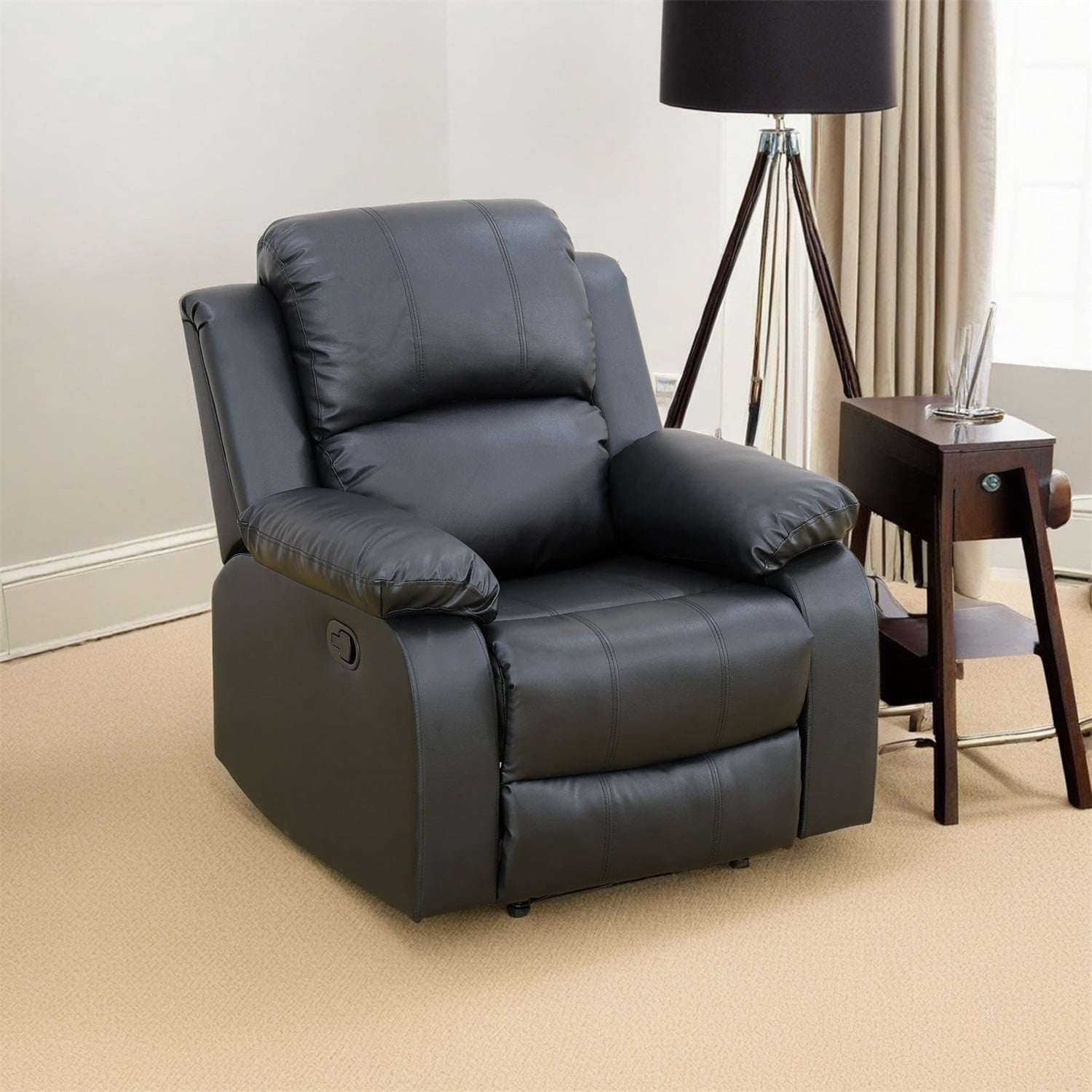 Hommoo Recycled Leather Manual Single Rocker Recliner Sofa, Heavy Duty Reclining Chair for Home with Overstuffed Arm and Back, Black