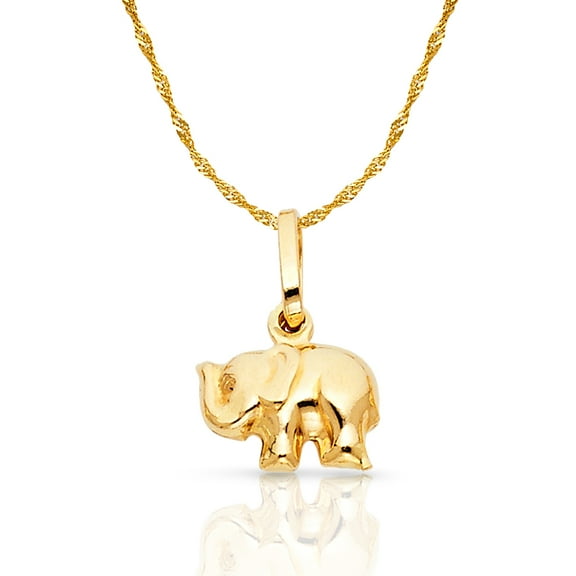14K Yellow Gold Elephant Strength & Luck Charm Pendant with 0.9mm Singapore Chain Necklace