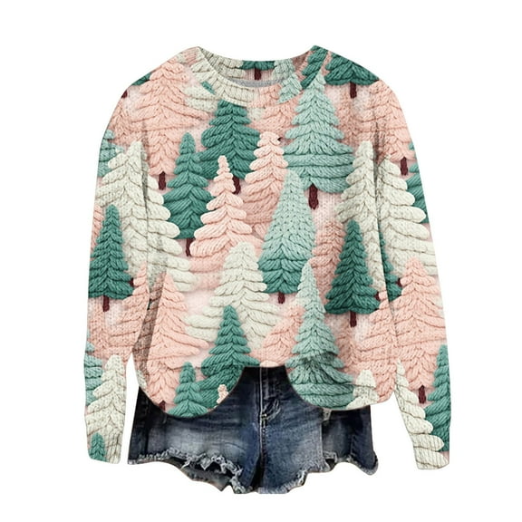 GA WEIHUA Saving,Womens Round Neck Christmas Sweaters Cute Xmas Tree Ugly 3D Graphic Print Sweater Oversized Long Sleeve Pullover Tops(Multicolor,XXL)