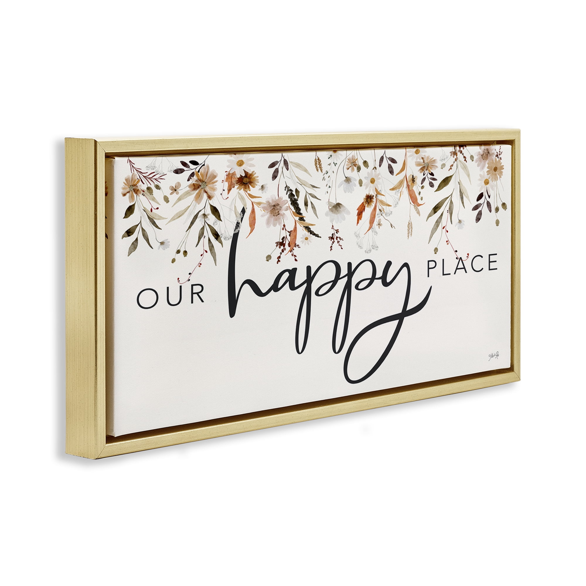 Stupell Industries Our Happy Place Florals Botanical & Floral Painting Gold Floater Framed Art Print Wall Art, 31 x 14