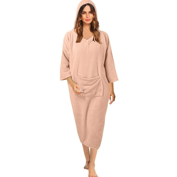 Hifoo Solid Color Sleepwear Zipper Robes For Women Ribbed Knit Bathrobe Lightweight Full Length Casual O-Neck Loungewear With Pockets S 3XL Classic Homewear
