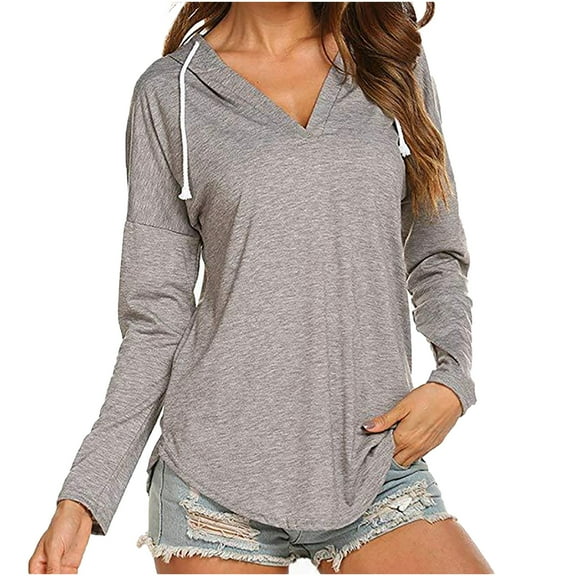 Pullover Hoodies Tops Long Sleeve for Women V Neck Drawstring Casual Loose Fitting Blouses Fall Winter Solid Color Sweatershirt Tops,Gray,S