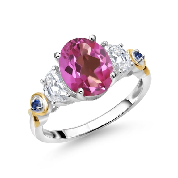 Gem Stone King 925 Silver and 10K Yellow Gold 3-Stone Ring Oval Pink Mystic Topaz and Moissanite (2.70 Cttw, Size 6)