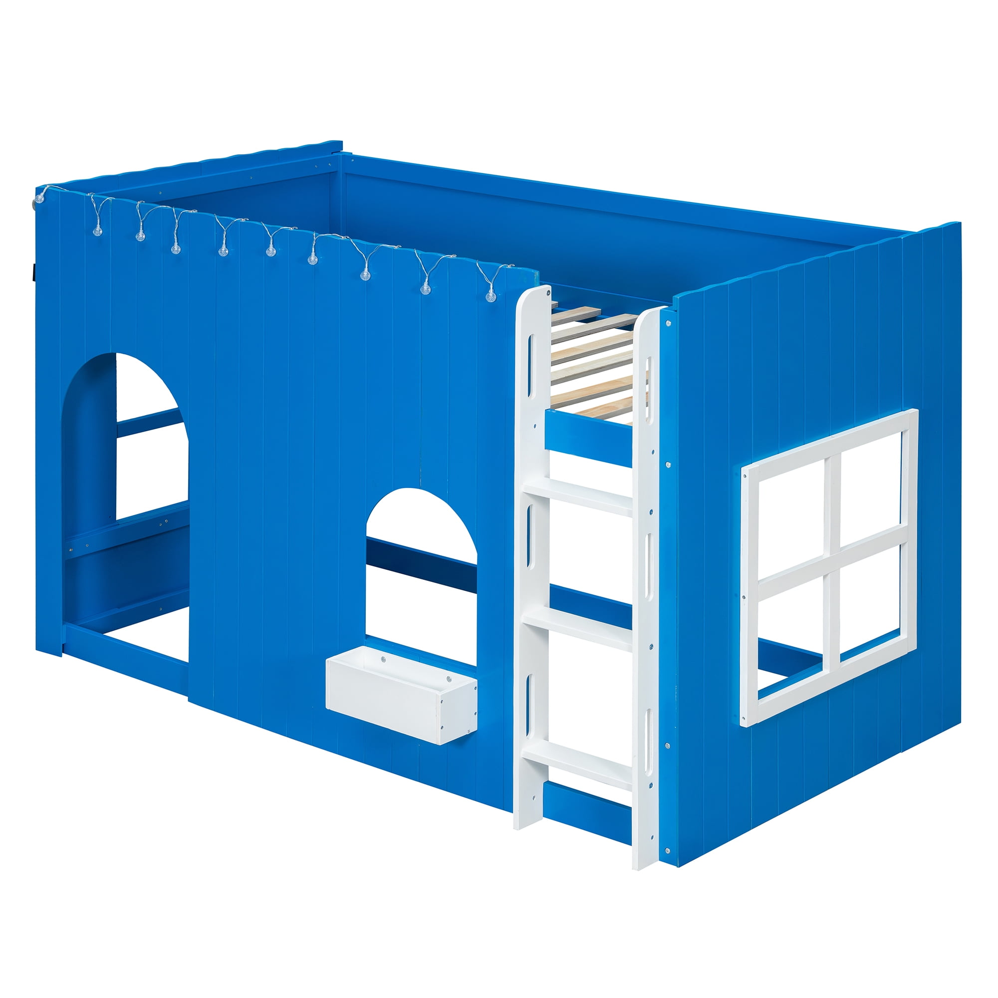 Mintazer Twin House Loft Bed with LED Lights, Kids Playhouse Bed with Ladder, Blue