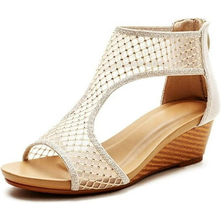 Women s Round Open Toe Wedge Sandals Zip Back Mid Heel Summer Dressy Sandals Shoes