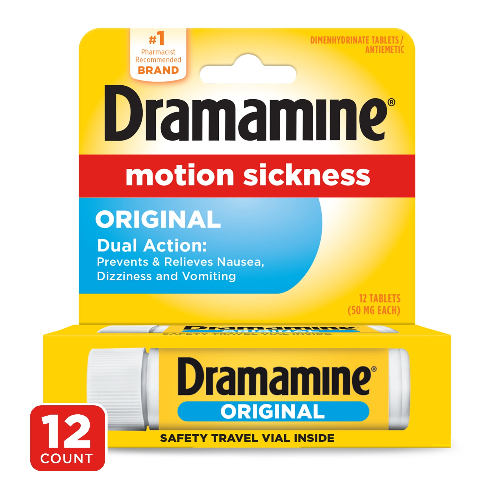 (2 pack) Dramamine Original, Motion Sickness Relief, Sensitive Stomach Travel Vial, 12 Count