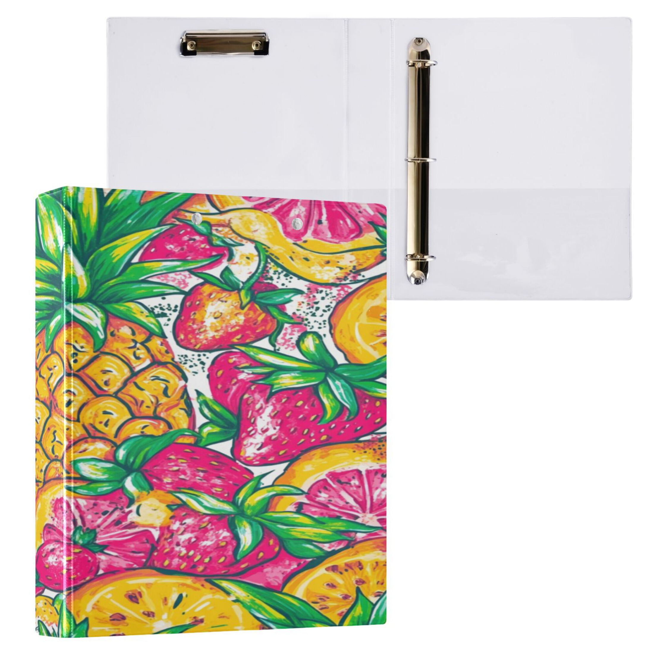 WOBOGO A Vibrant Summer Pattern with Colorful Fruits File Folders Extra Large Capacity to Hold 200 Sheets of Documents Hard Shell Ring Binder for School Home Office