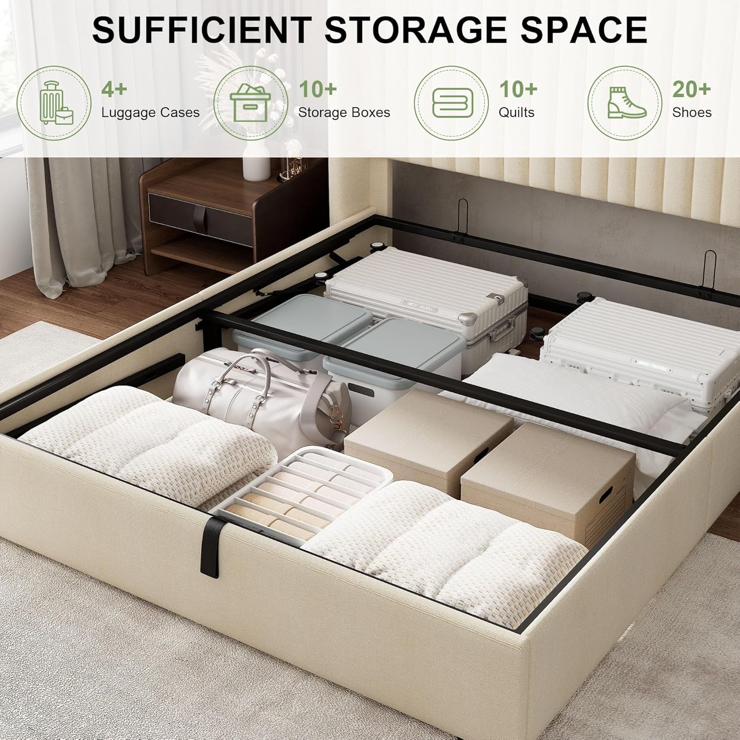 Winkalon Full Size Lift-Up Storage Bed Frame with Modern Wingback Headboard, Linen Upholstered Platform Bed, Hydraulic Gas Lift Support, Underbed Storage, Wooden Slats, No Box Spring Needed, Beige