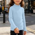 thumbnail image 5 of Girls Ribbed Mock Neck Knit Sweater Slim Fit Long Sleeve Ruffle Trim Basic thermal Top for Kids Ages 0-12 Fall Winter Layering Shirt Sky Blue 10-12 Years, 5 of 6