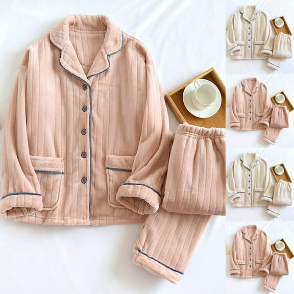 Feancey Womens Thermal Pajama Sets Long Sleeve Button Cardigan Sleepwear and Pants Lounge Set Winter Thick Warm Pjs Loungwear Outfits Beige L