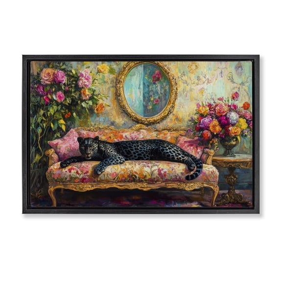 Stupell Industries Traditional Lounging Leopard on Floral Sofa Black Floating Frame Canvas Art, 25 x 17, by Petals Prints Design