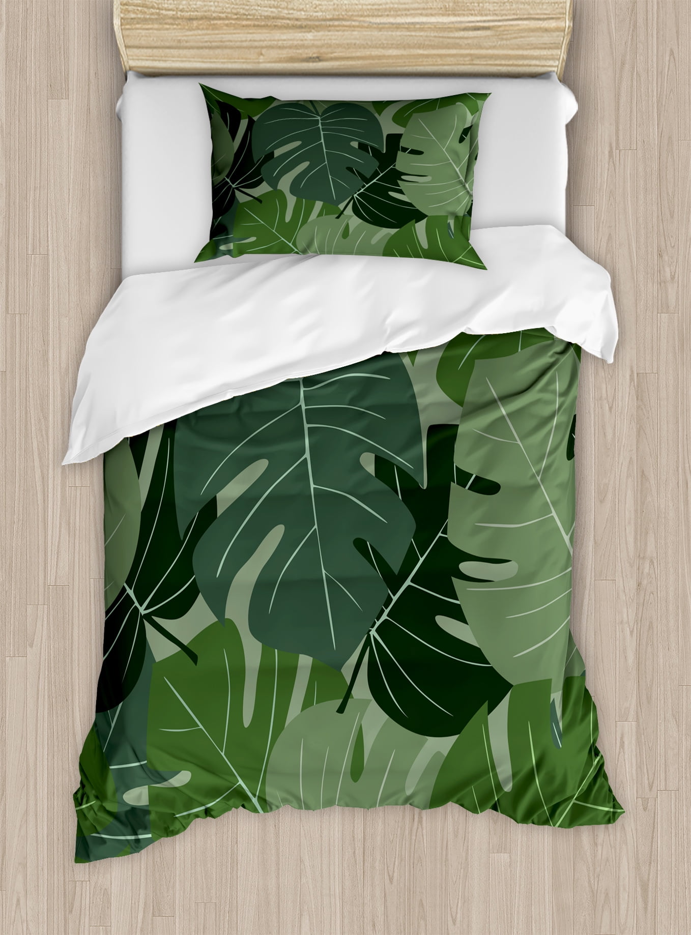 Forest Green Duvet Cover Set Camouflage Pattern Of Palm Leaves Tropical Nature Themed Foliage Decorative Bedding With Pillow Shams Sage