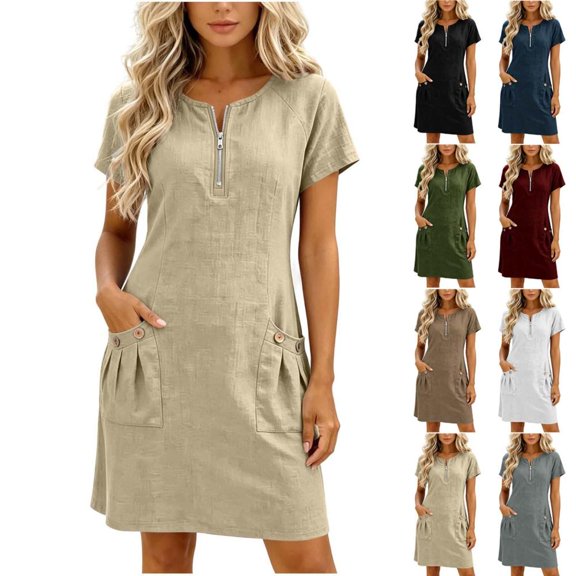 Bxsruta Women's Casual Short Sleeve Popover Dress with Zipper Mock Neck and Pockets Cocktail Length Loose Flowy Breathable Lightweight Soft Comfortable for Summer