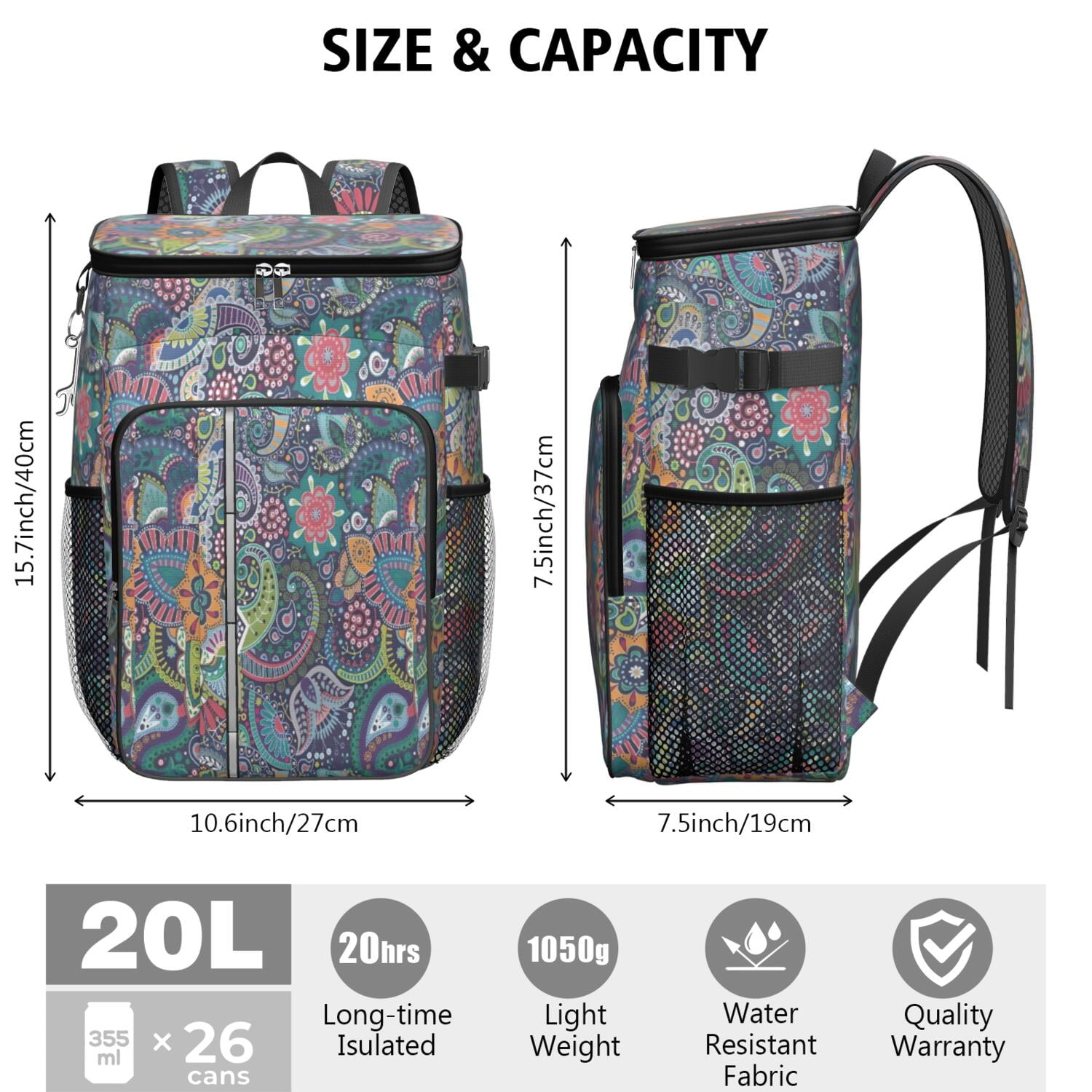 Travel Cooler Bag - Boho Bohemia Flower Camping Beer Cooler Backpack with Bottle Opener- Waterproof Insulated Picnic Backpacks - Cooler Bag for Beach