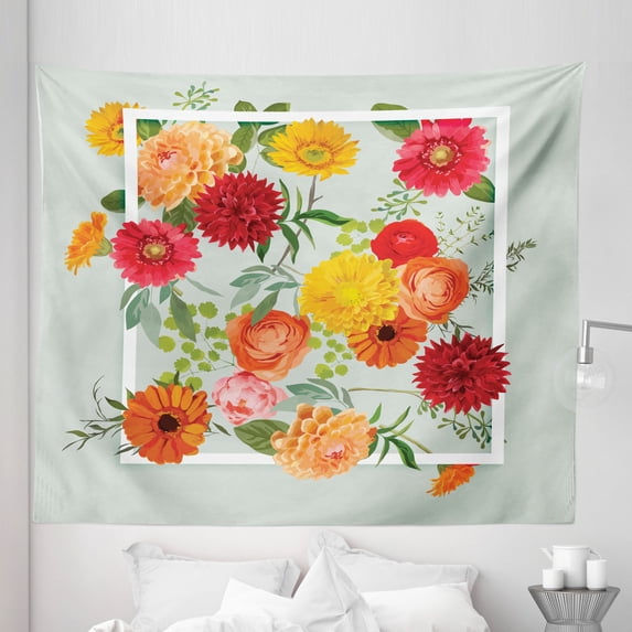 Shabby Flora Tapestry, Floral Flowers Leaves Buds Frame Art Print, Fabric Wall Hanging Decor for Bedroom Living Room Dorm, 5 Sizes, Dark Coral Mustard, by Ambesonne