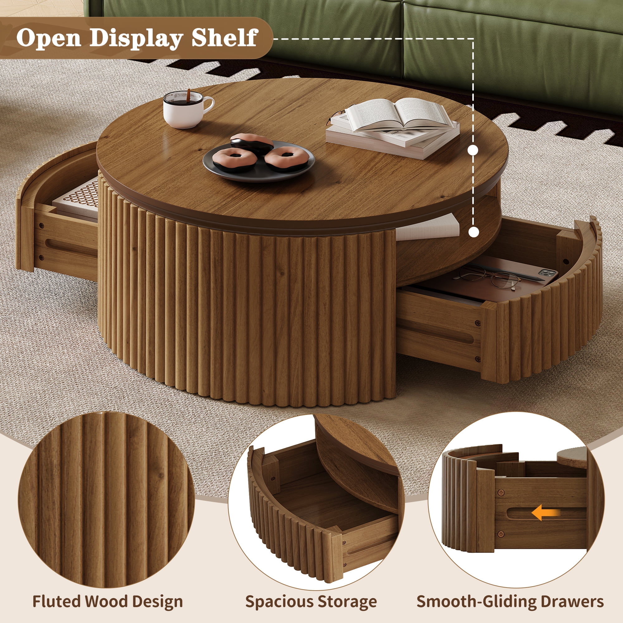 Garitin Coffee Table and Round Fluted Drum Pedestal 30.3 Inch, Mid Century Modern Center Table with Hidden Storage Drawers for Living Room, Walnut