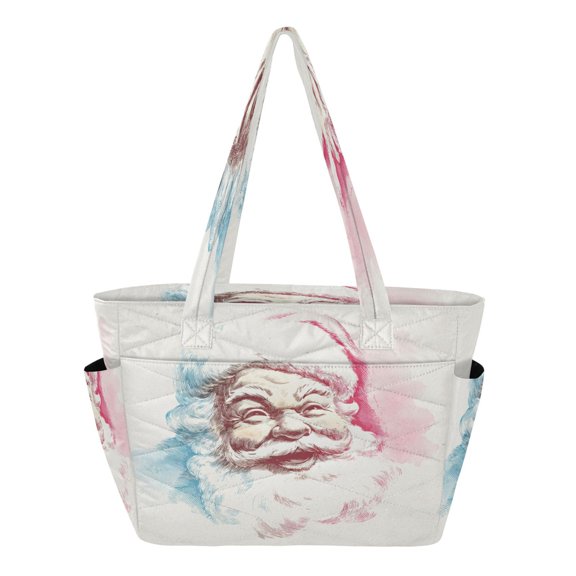 Quilted Tote Bag Large Capacity Multi-Compartment Handbag Lightweight Structured Shoulder Bag Versatile Casual Bag Smiling Cute Santa Claus