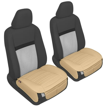 Motor Trend Faux Leather Front Seat Cover for Cars - Bottom Cushion Coverage Only Set of 2 Tan Beige Front Car Seat Covers for SUV & Truck with Storage Pockets - Automotive Car Seats Cover Protector