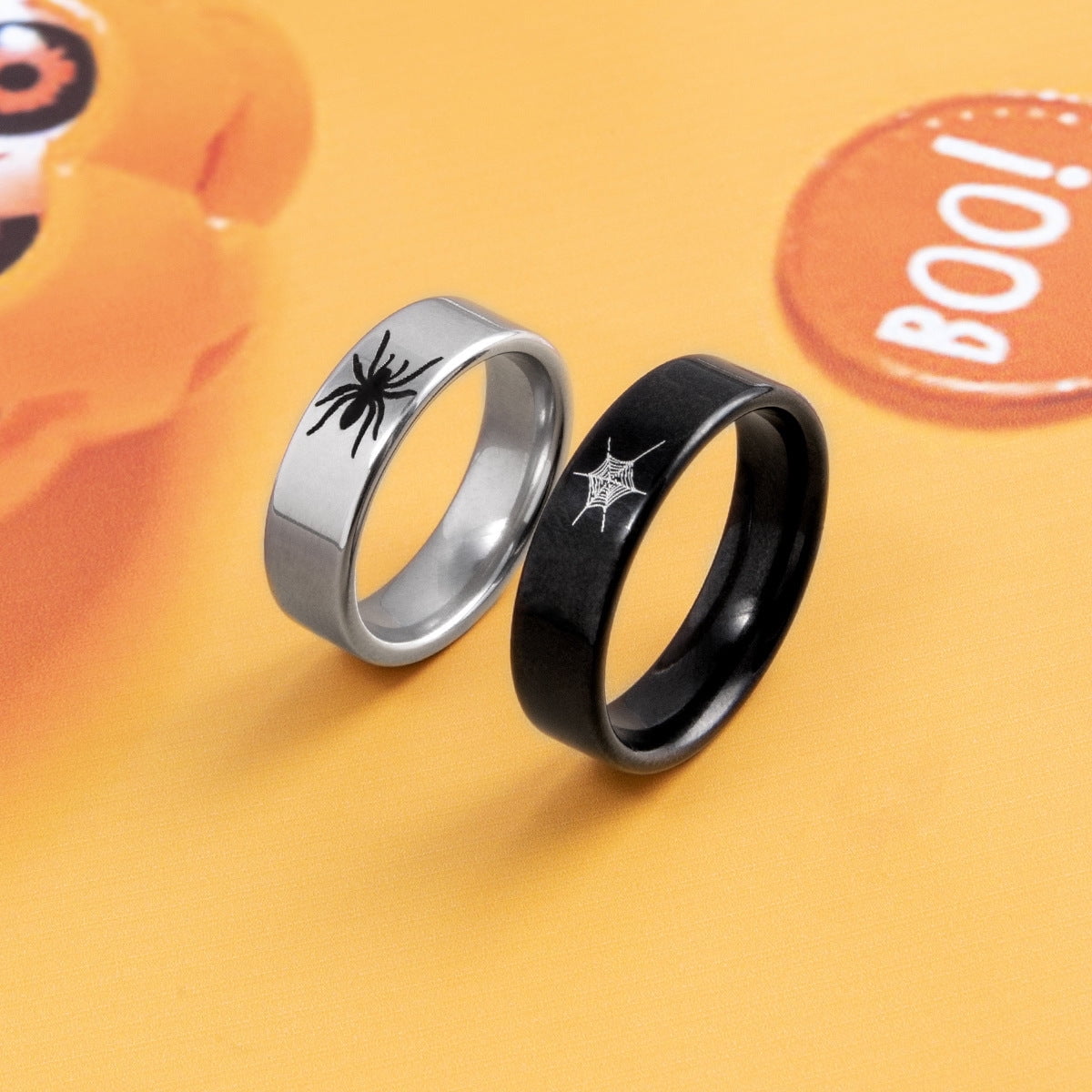 Unisex Stainless Steel Spider Web Ring Halloween Hip Hop Animal Zodiac Electroplated Ring Personalized Couple Jewelry