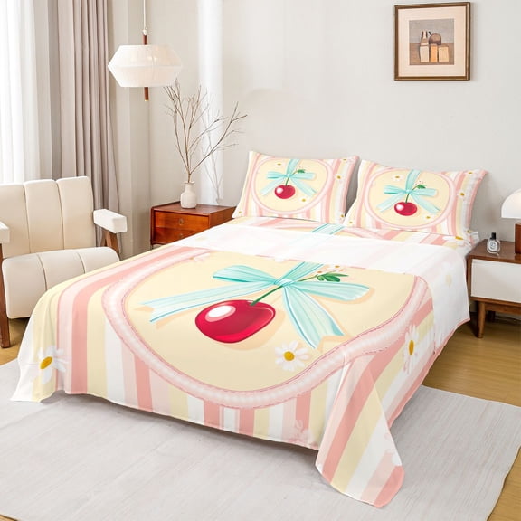 Homewish Kawaii Bowknot Cherry Twin Sheet Sets, Chic Pink Stripes Twin Fitted Sheet, Cartoon Groovy Flower Flat Sheet, Lightweight Room Decor, 3pcs
