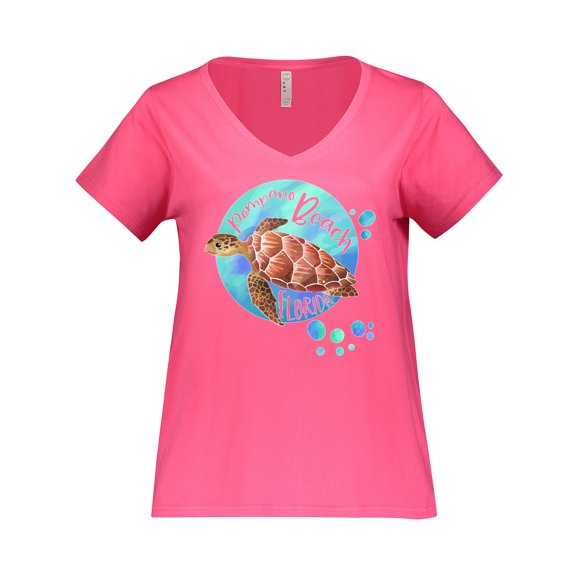 Inktastic Pompano Beach, Florida Swimming Sea Turtle with Bubbles Women's Plus Size V-Neck T-Shirt