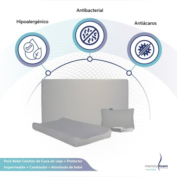Pack Bebé Colchón de Cuna de viaje + Protector Impermeable + Cambiador + Almohada de bebé