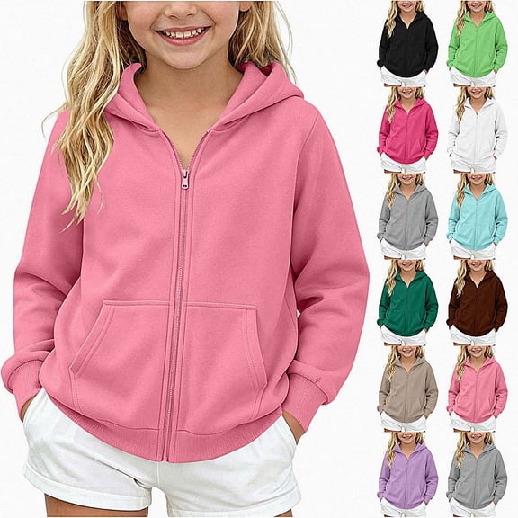 Afuyipoi Girls Hoodie (5-14) Winter Warmth with Fleece Lining Zip Up Sweatshirt Pink Size 7