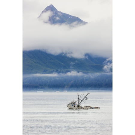 Commercial fishing boat Silver salmon fishing outside of Valdez small boat harbor with misty clouds and mountains in background Prince William Sound Southcentral Alaska USA Stretched Canvas - Kevin (Best Silver Salmon Fishing In Alaska)