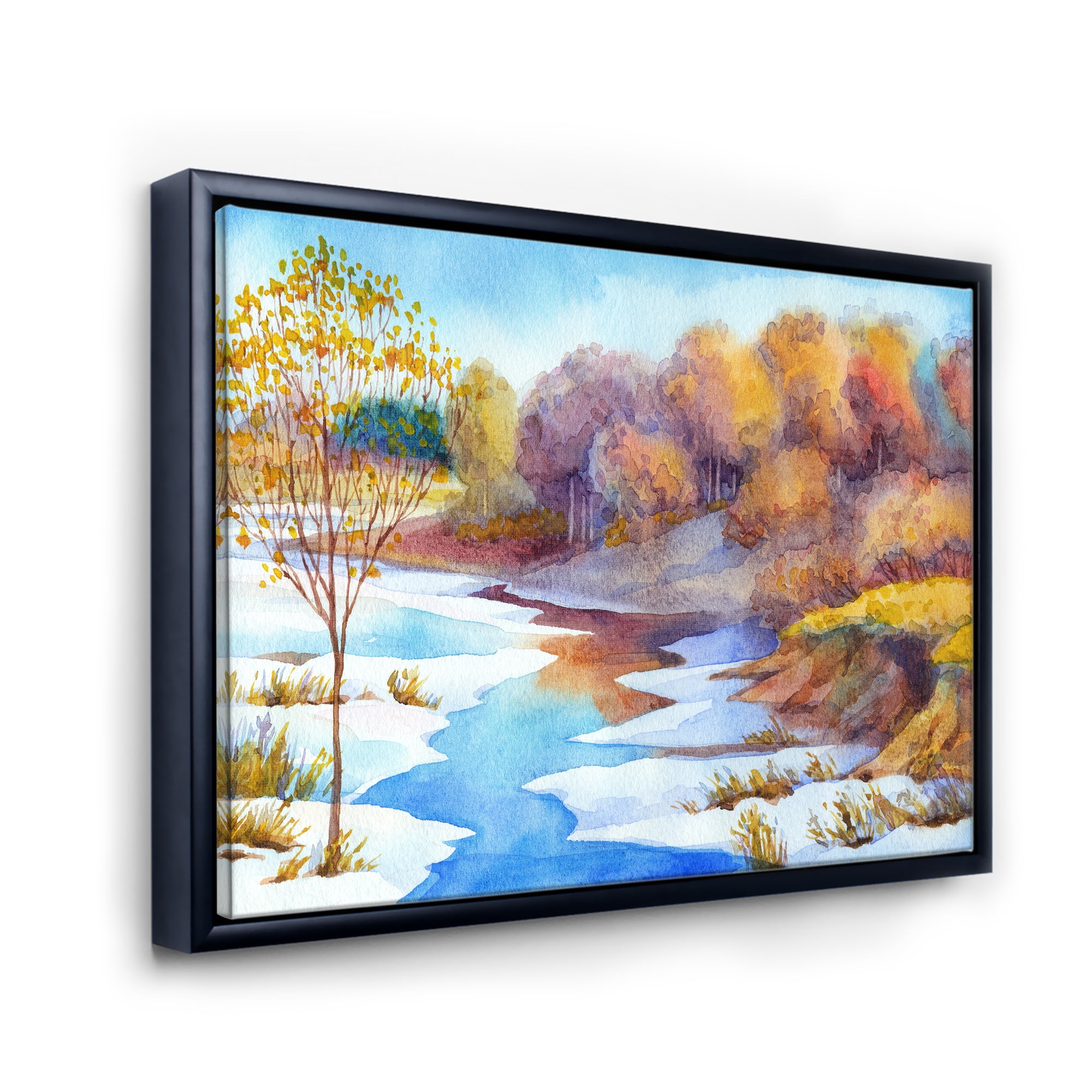 Designart 'Stream Though The Winter Forest Valley' Lake House Framed Canvas Wall Art Print