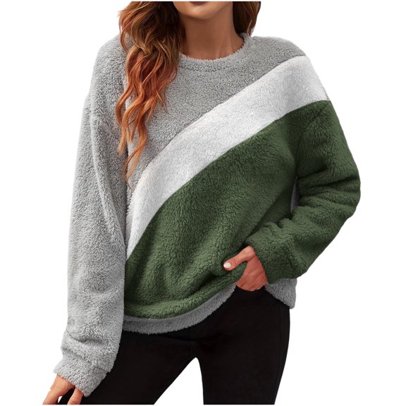 AINIYS Women's Crew Neck Color Block Fleece-Lined Sweater Stylish Basic Layering Cold-Weather Daily Wear Blouse Army Green L