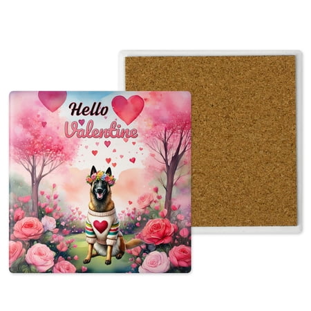 Hello Valentine’s Day Belgian Malinois Flower Crown Romantic Pink Floral Set of 4 Stone Coasters Sheepdog Dog Lover Gifts 4x4in Absorbent Soapstone Coaster - 00031