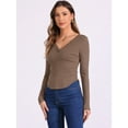 thumbnail image 2 of DARING DIVA Women's V Neck Long Sleeve Ribbed Knit Henley Blouses L Brown, 2 of 6