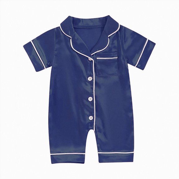 BOBOGOJP Newborn Baby Boy Girl Silk Pajamas Romper Shorts Sleeve Button Down Satin One Piece Onesie Pjs Infant Sleepwears Dark Blue for Size 12-18 Months