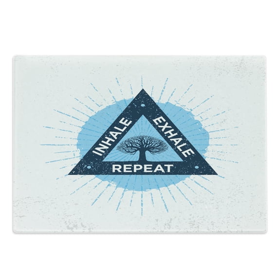 Inhale Exhale Cutting Board, Spa Yoga in Triangle with Tree of Life Tranquil Graphic, Decorative Tempered Glass Cutting and Serving Board, Large Size, Night Blue and White, by Ambesonne