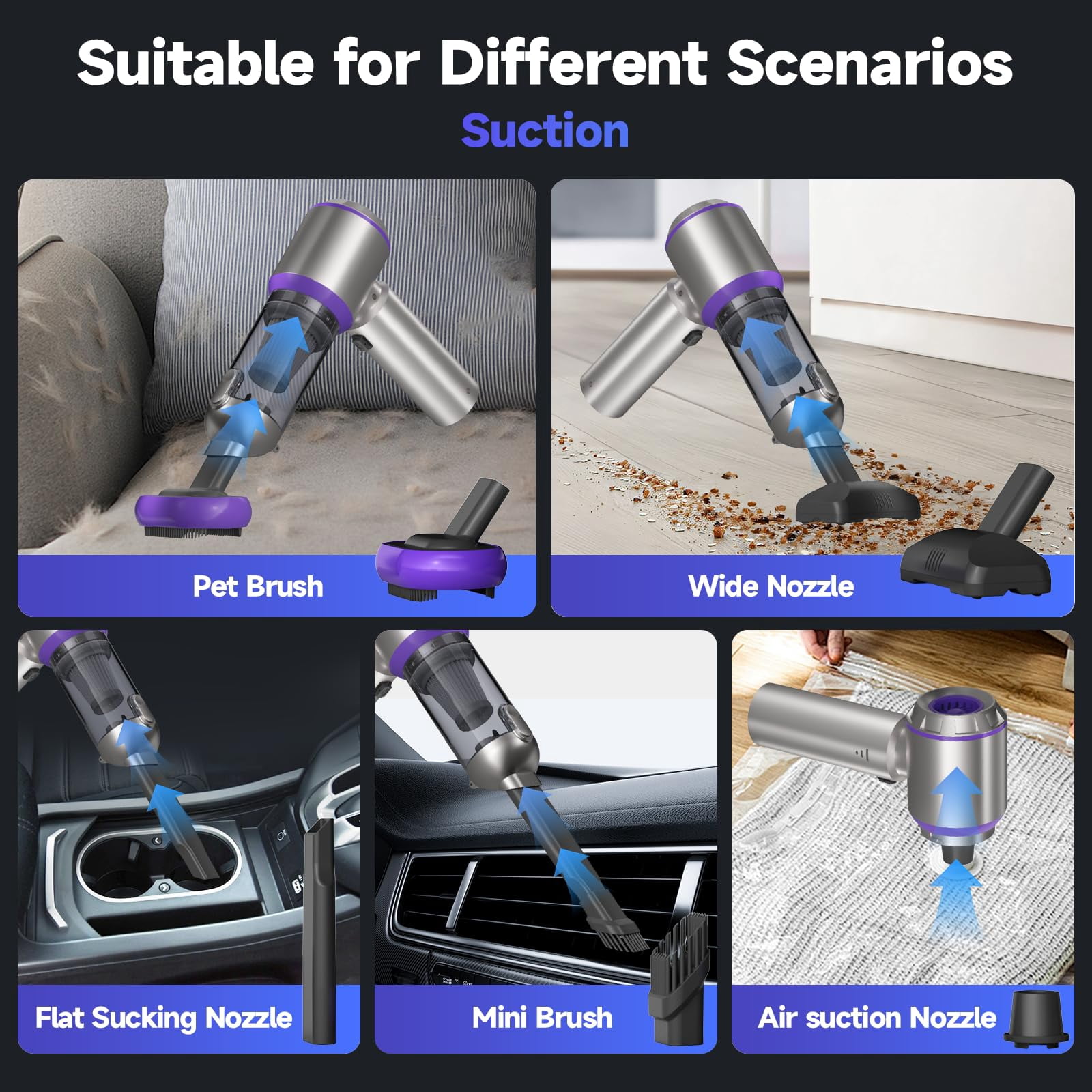 Xl-Kang High Power Mini Vacuum Cleaner 3-in-1 Compressed Air Duster & Air Blower & Pump Hand Held Vacuum with Brushless Motor for Car, Home, Office,Camping（Purple,21*2*6.5cm)