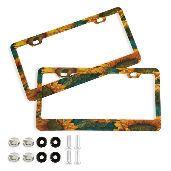 2-Pack Aluminum License Plate Frame with 2 Holes for GM License Plate Cover with Free Screws Seamless Sunflower Pattern