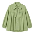 thumbnail image 4 of Ayolanni Scoop Neck Blouses for Women Solid Ruched Cotton Linen 3/4 Sleeve Blouse Puff Ladies Tie Front Button Down T-Shirt Womens Tops Green S, 4 of 6