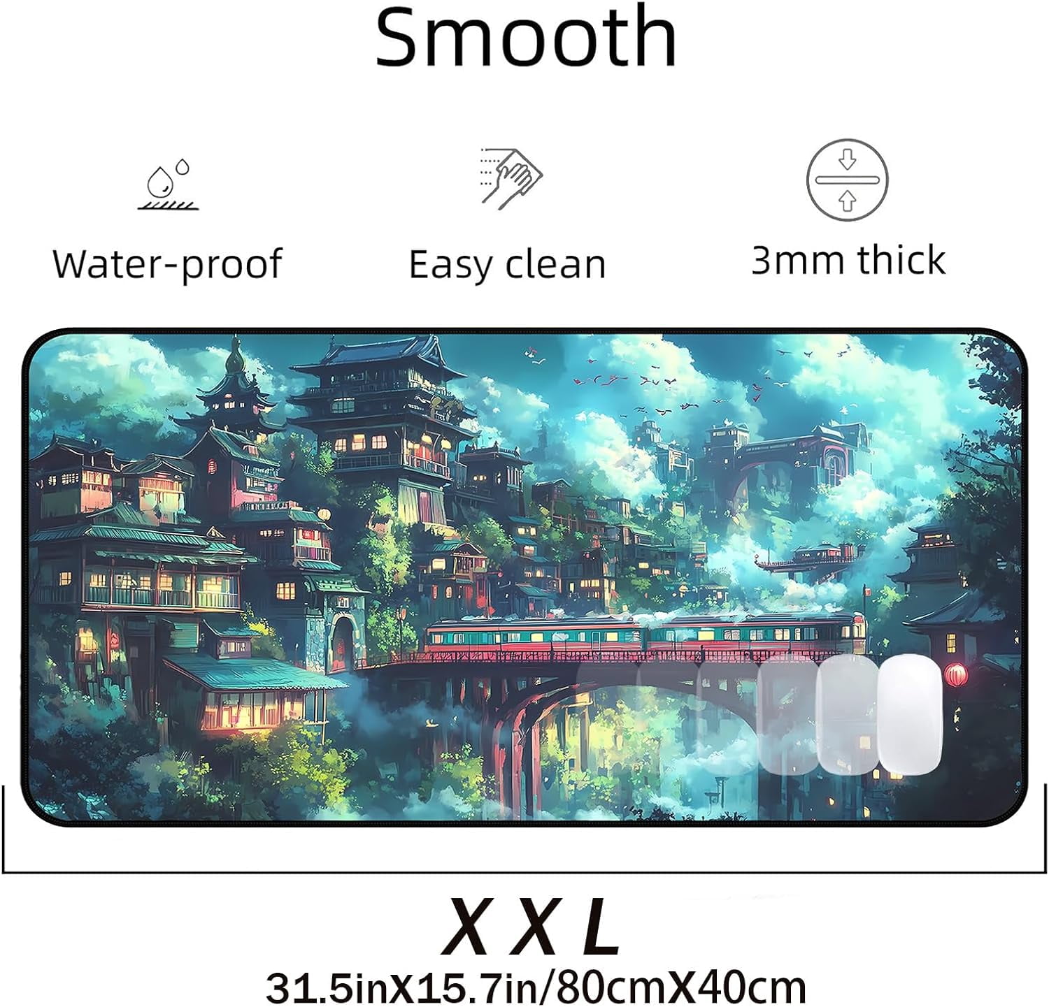 Japanese Anime Desk Mat, Green Forest Mouse Mat XXL, Game Desk Pad, Fantasy Architecture Computer Keyboard Mat, Wireless Mousepad Large,Natural Landscape Home Office Desktop Decor 31.5"X15.7"