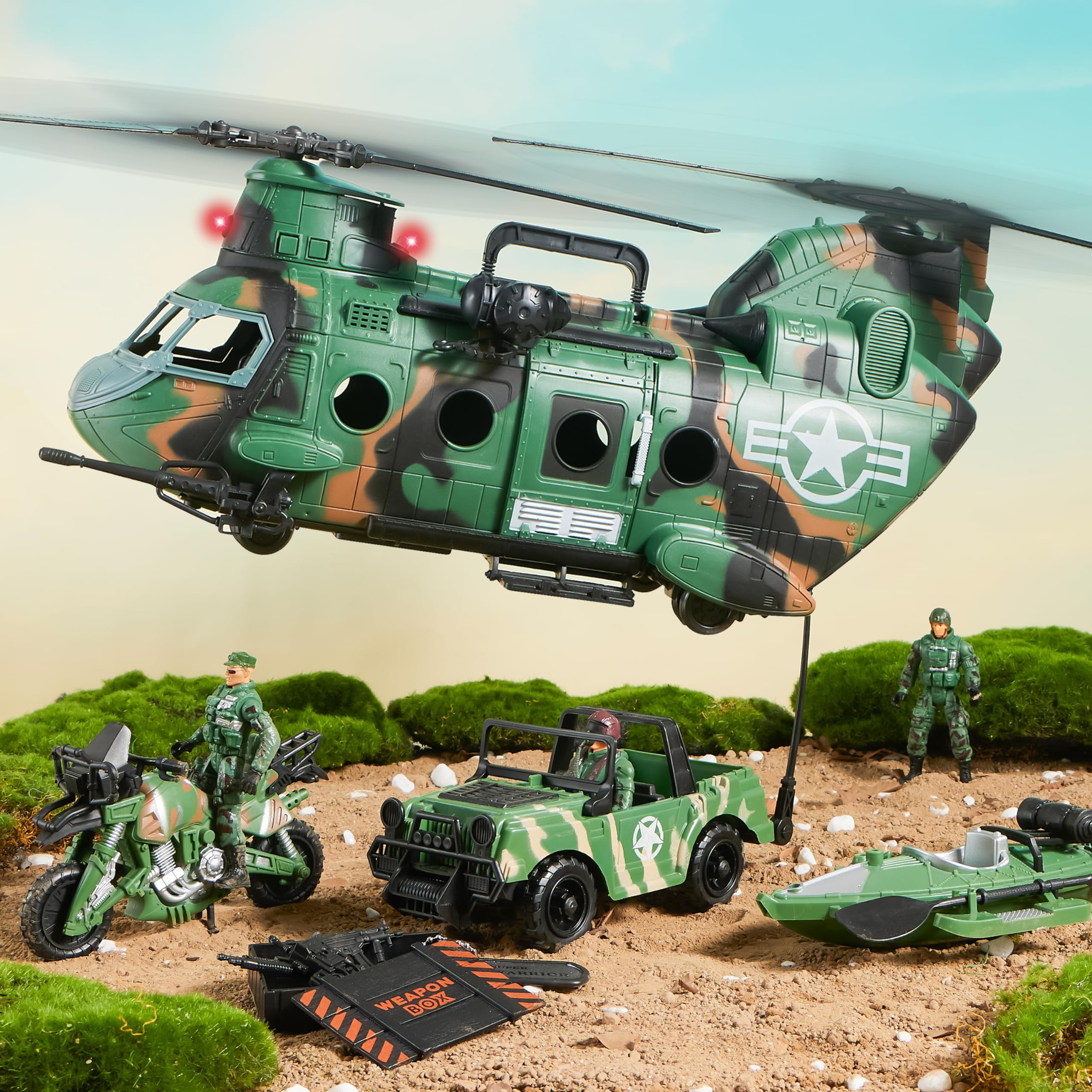 Joyfy 10-in-1 Military Helicopter Toy Set with Light & Sound, Trucks, Boat, Bike, Army Men & Weapons - Army Toys for Boys, Christmas Birthday Gifts for 3+