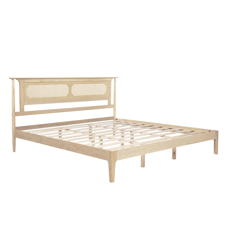 King Size Wooden Platform Bed with Rattan Headboard, Low-Profile Bed Frame with 8.6'' Under-Bed Storage