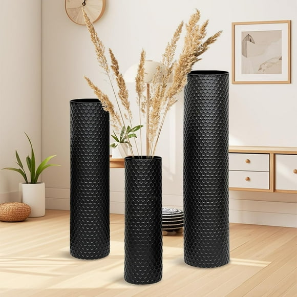 BBTEQEKN Ensemble de Vases de Sol Décoratifs Noirs de 27,6/21,6/15,8 Pouces de Hauteur, Vases en Métal Martelés Modernes en Nid d'Abeille, Ensemble de 3 pour Salons, Bureaux Ou Coins