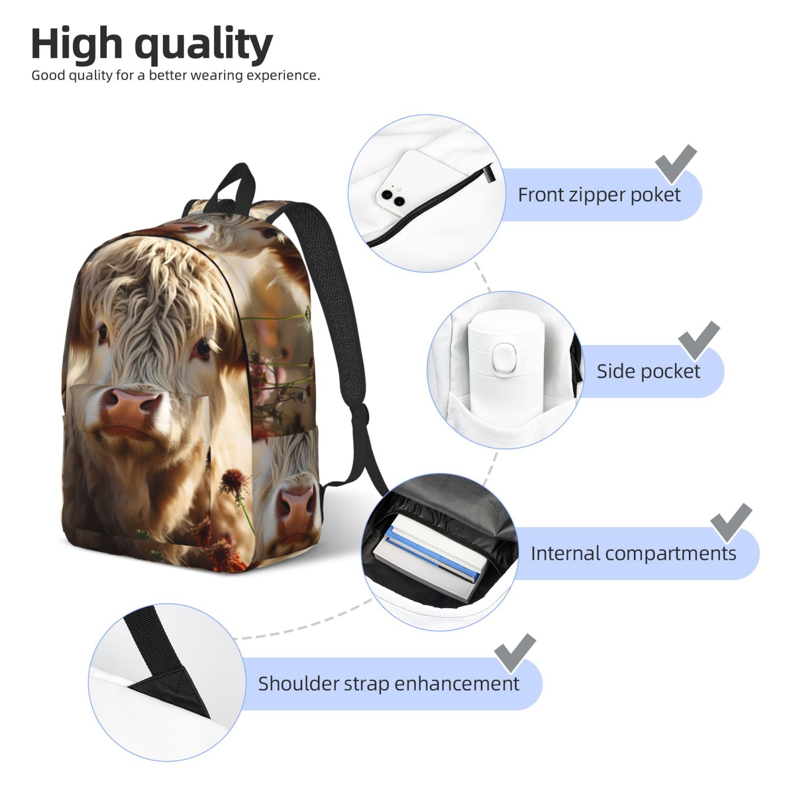 Vsdgher Adorable Flower Field Cow Print Canvas Backpack Travel Rucksack Unisex Knapsack 15.7/17.7Inch Laptop Backpack for Work,College -Medium